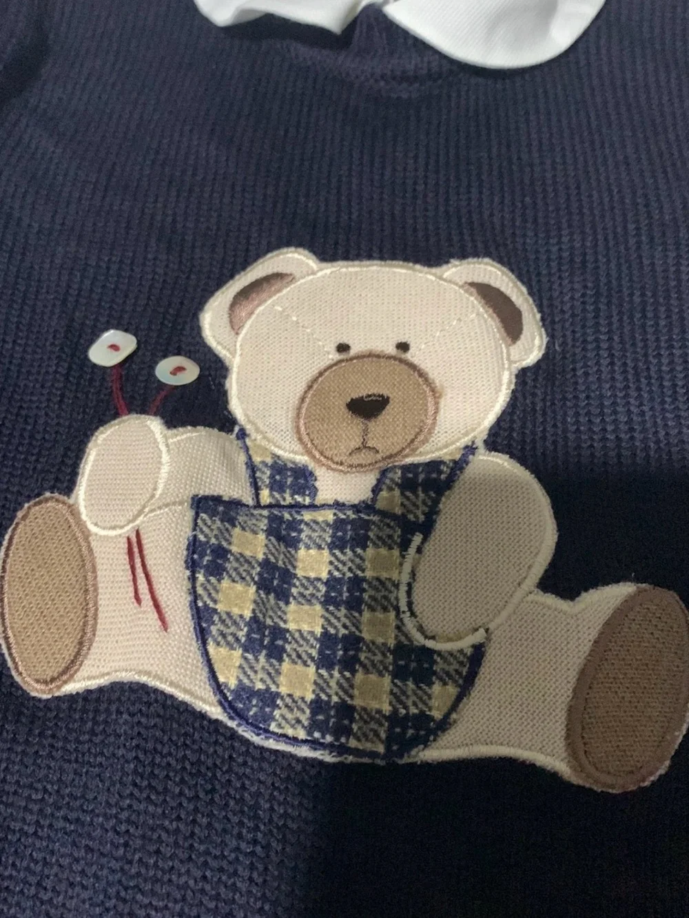 Neiman Marcus Navy Baby One-Piece with White Collar and Bear Appliqué